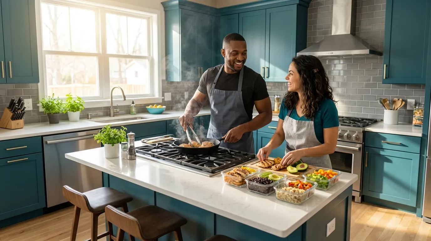 Marcus and Elena cooking together in the Fast Protein Plate test kitchen.