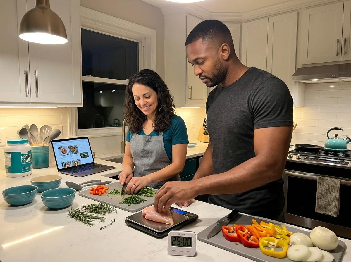 Home kitchen counter during high-protein weeknight meal prep.