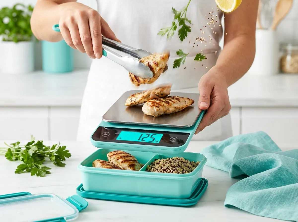 Weighing protein portions for meal prep.