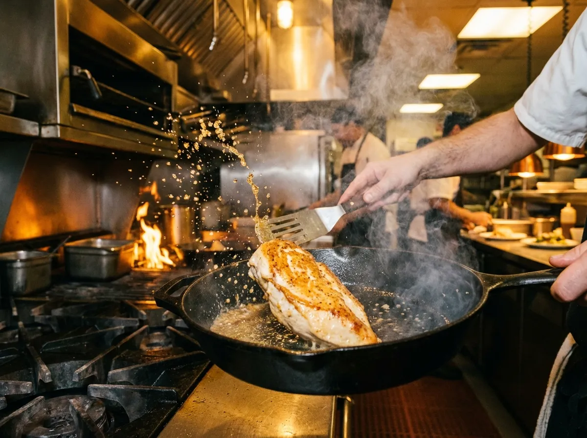 Searing high-protein chicken in a cast iron skillet.