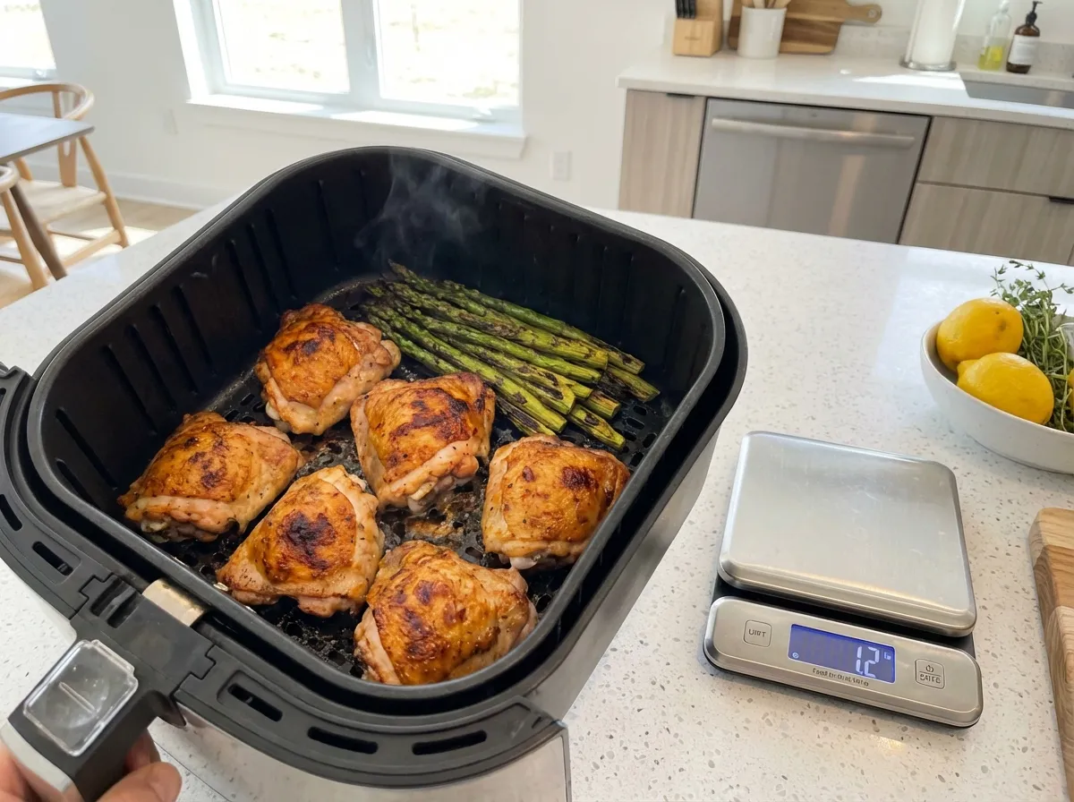 Crispy air fryer chicken thighs with roasted vegetables.