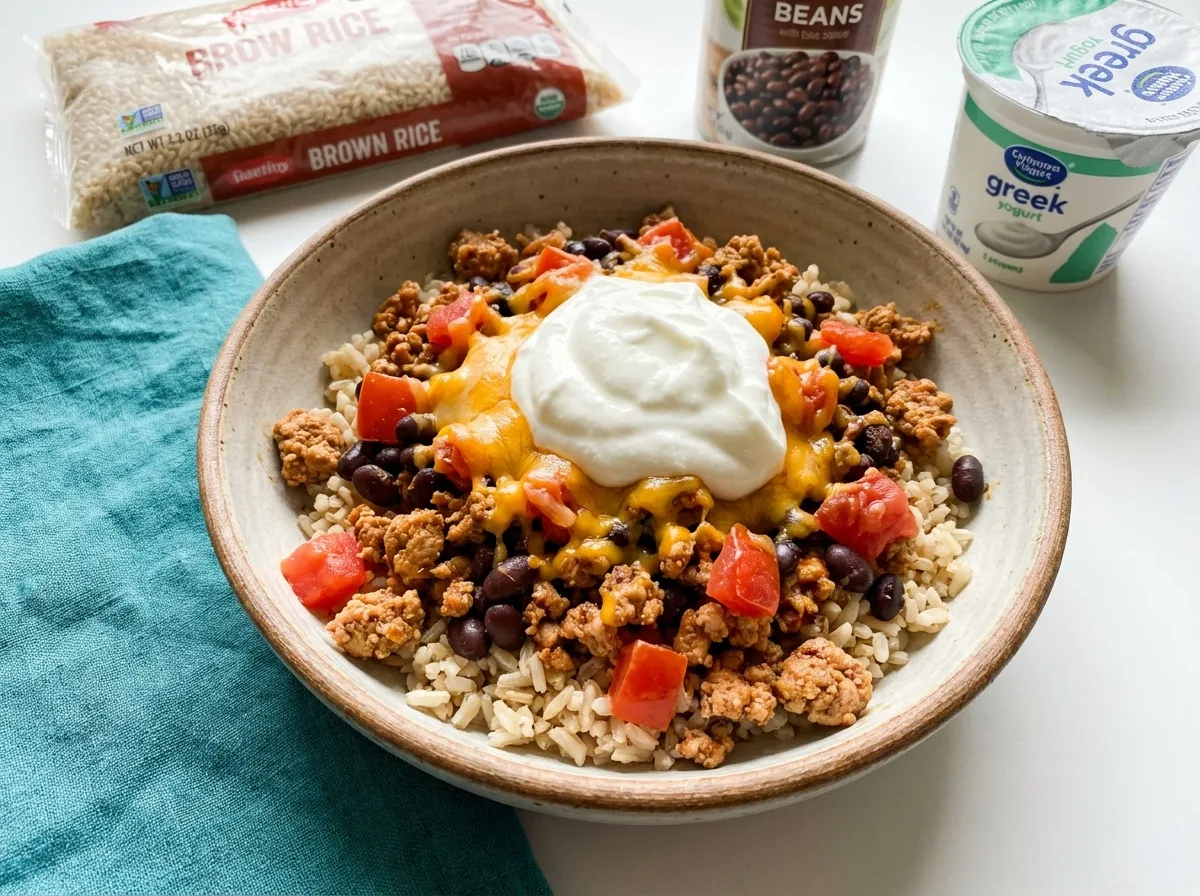 Budget-friendly high-protein bowl with beans, rice, and grilled chicken.