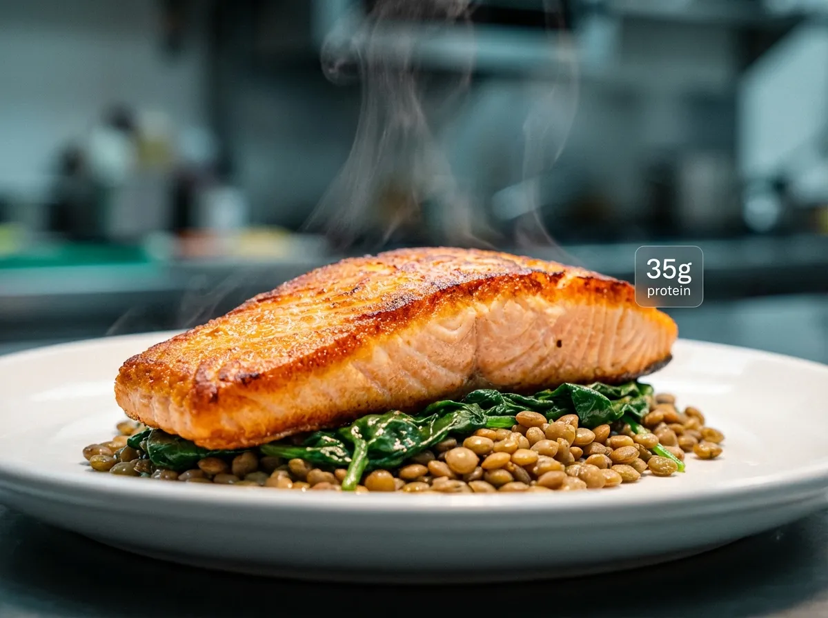 Seared salmon fillet with macro-friendly sides of quinoa and greens.