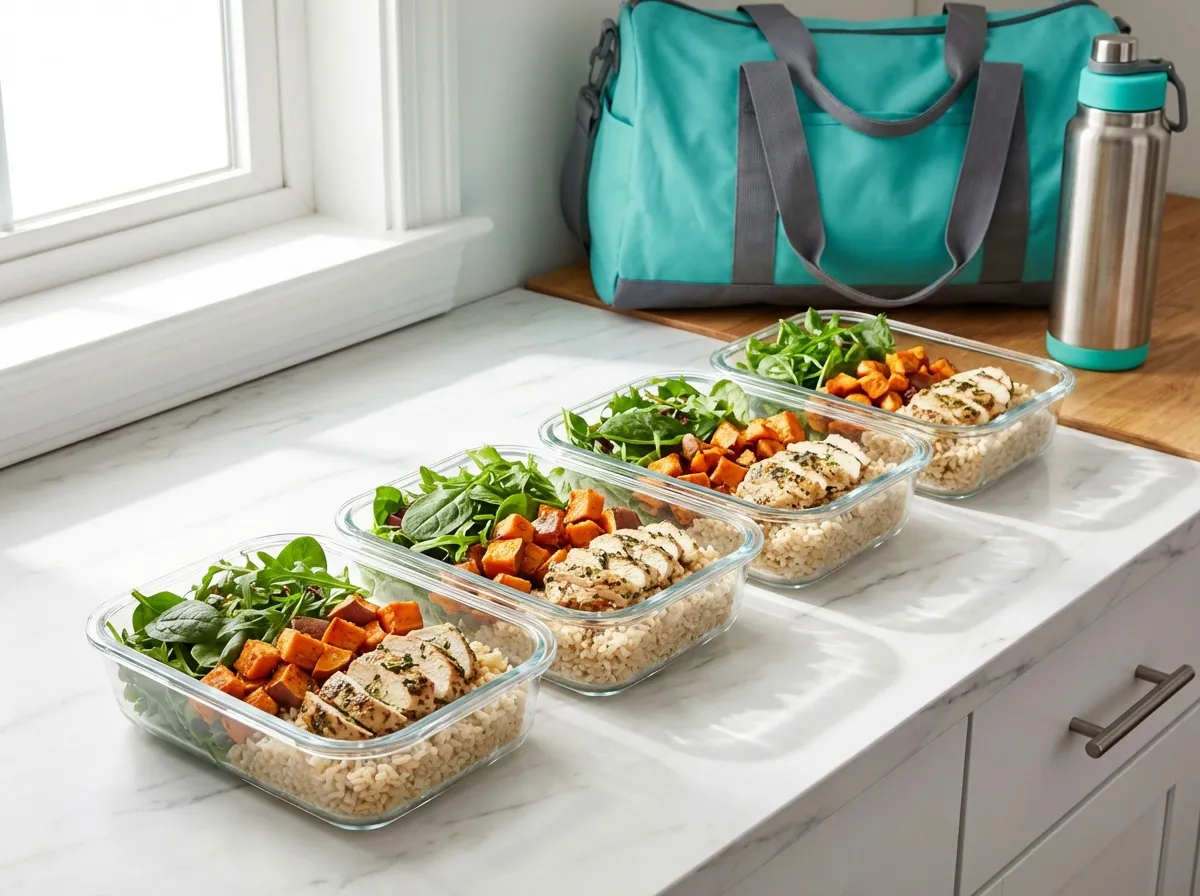 Five glass meal prep containers with high-protein chicken, grains, and vegetables.