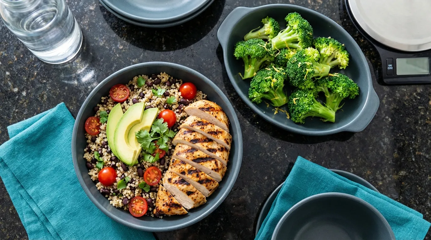 High-protein grilled chicken plate with roasted vegetables and quinoa.