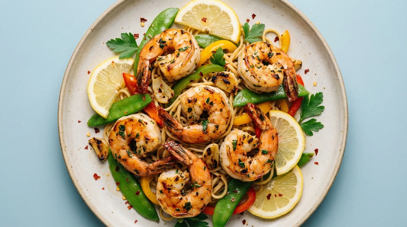 Top-down macro photography of seared lemon garlic shrimp with red pepper flakes and fresh zest on a pastel surface.