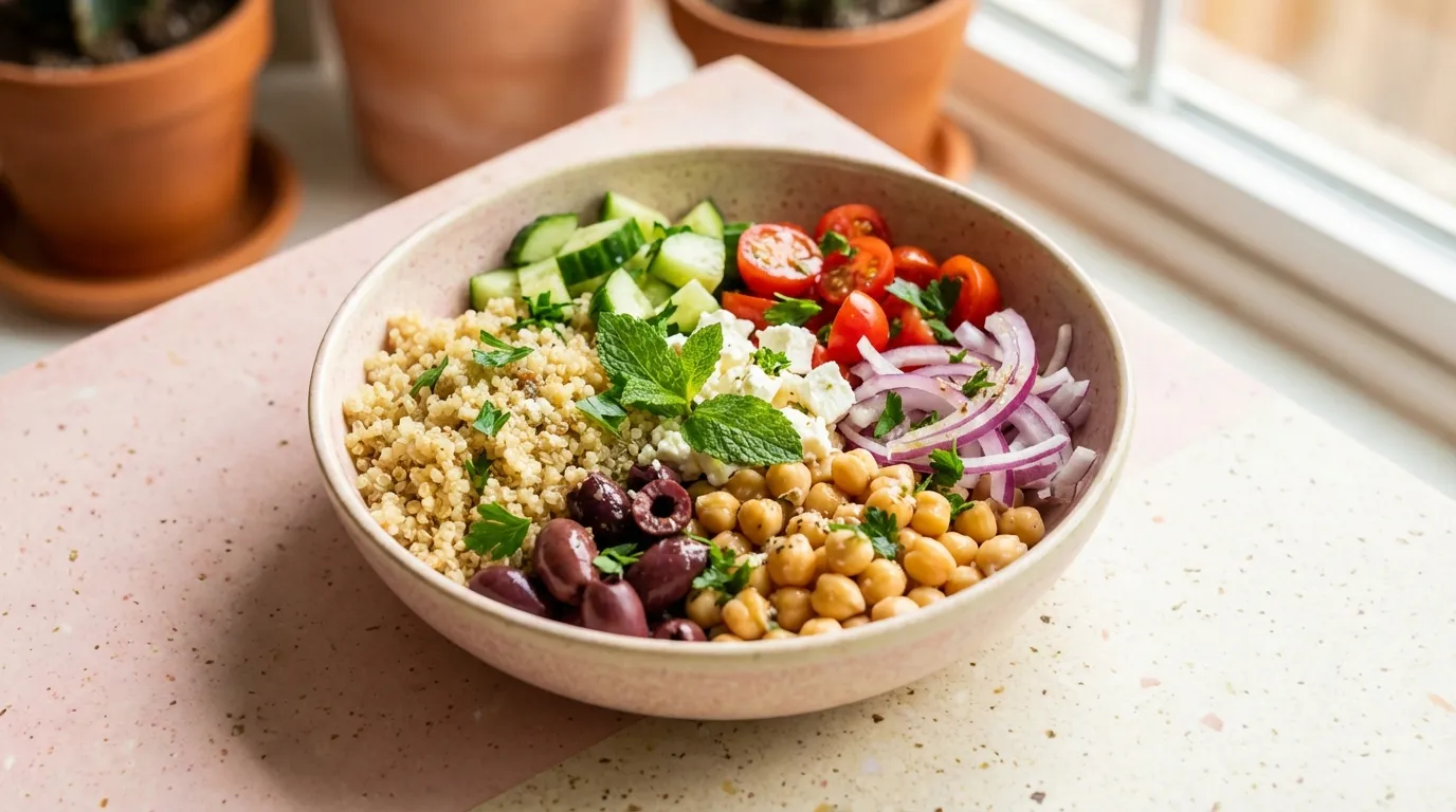 Close-up macro view of a Mediterranean quinoa salad featuring fluffy grains, chickpeas, and feta.