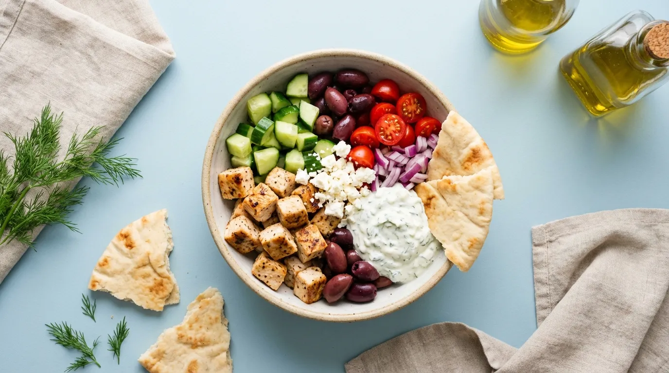 Top-down macro view of a Greek chicken pita bowl featuring golden seared chicken, creamy tzatziki, and fresh vegetables on a pastel surface.