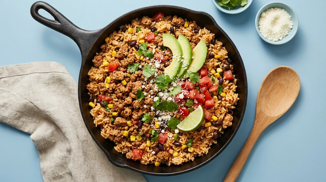 A close-up, top-down view of a colorful turkey taco rice skillet with seared ground turkey, fluffy jasmine rice, and black beans.