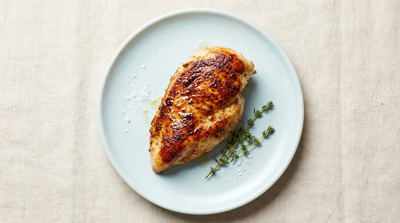 Top-down macro view of a perfectly seared, juicy butterflied chicken breast with golden-brown crust and fresh herbs.