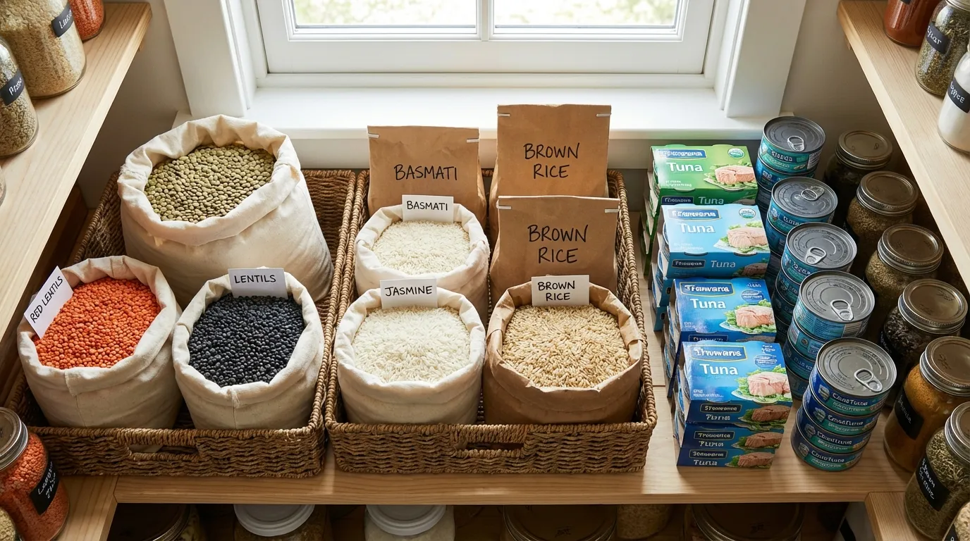 A variety of high-protein pantry staples including dry lentils, eggs, and canned tuna arranged in a clean, bright composition.