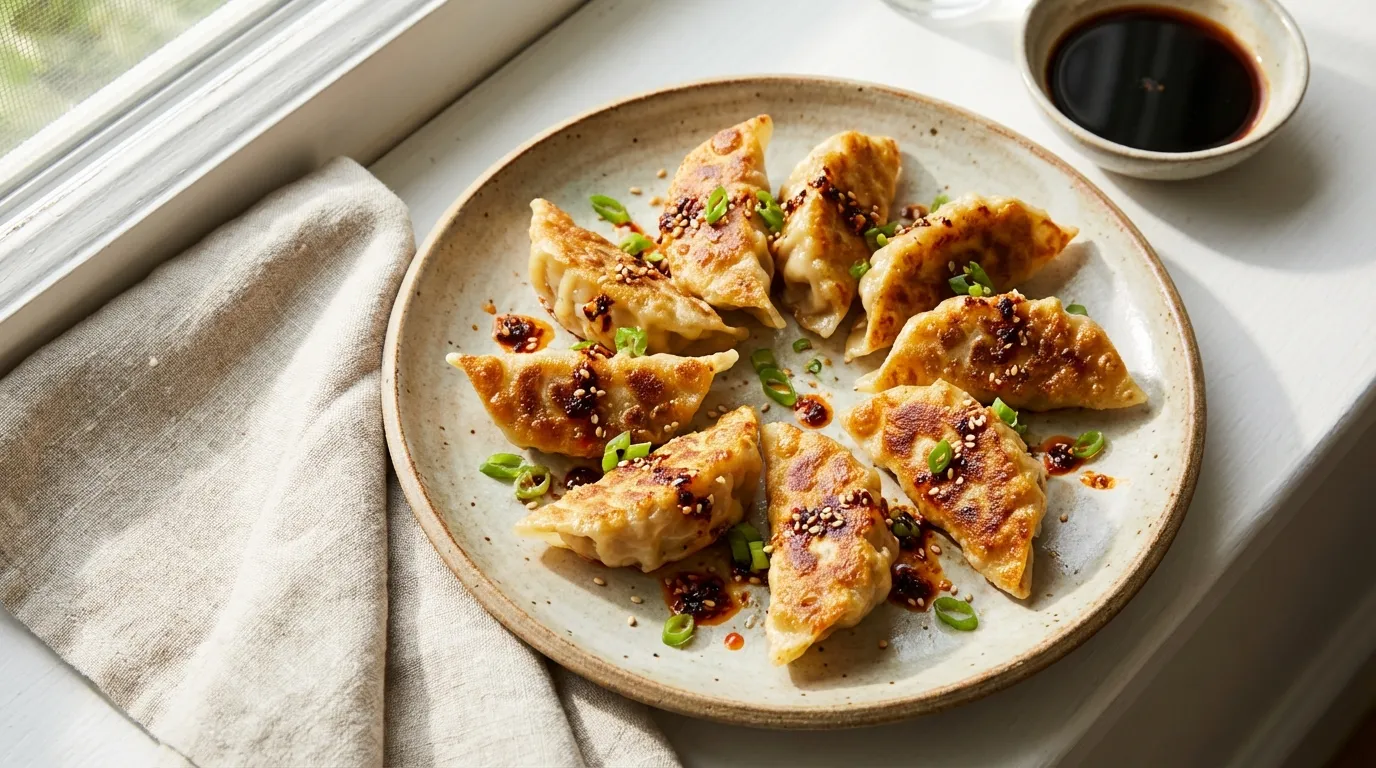 Close-up overhead view of pan-fried cabbage dumplings with charred edges and a juicy turkey filling on a pastel ceramic plate.