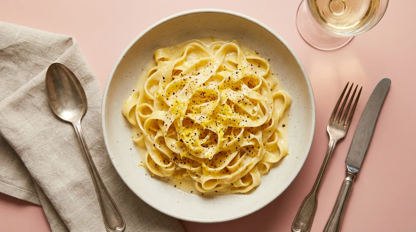 Top-down macro view of high-protein pasta al limone with creamy yogurt sauce, lemon zest, and cracked black pepper.