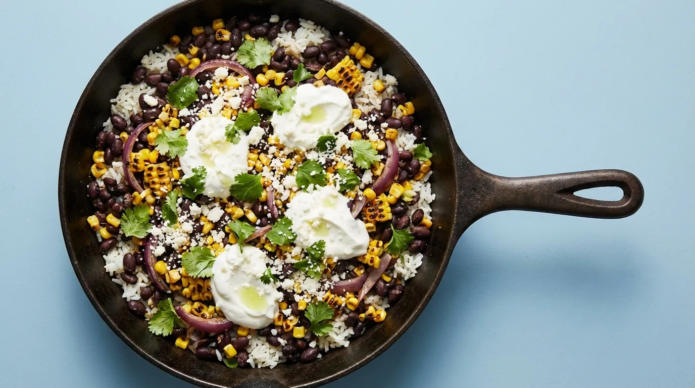 Close-up top view of a black bean and rice skillet topped with creamy Greek yogurt and smoked paprika.