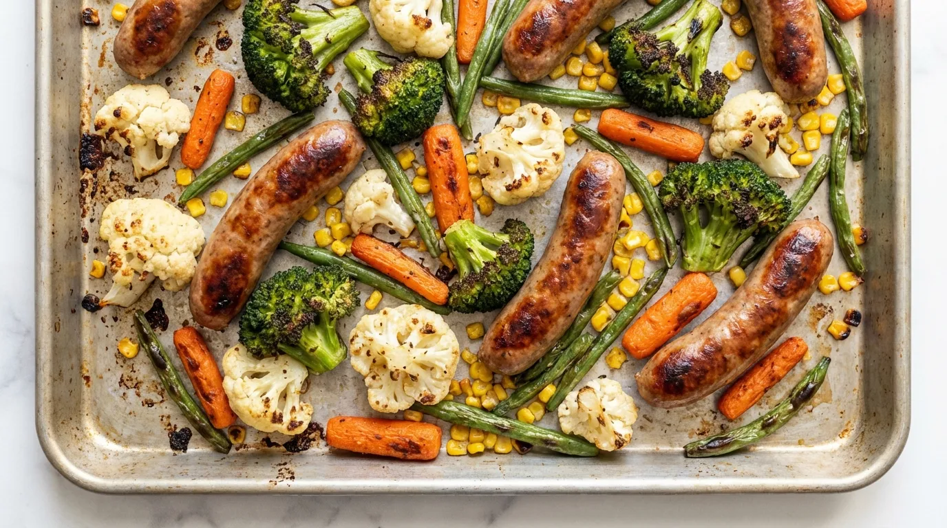 Close-up of roasted turkey sausage rounds and charred frozen broccoli on a sheet pan with a pastel background.