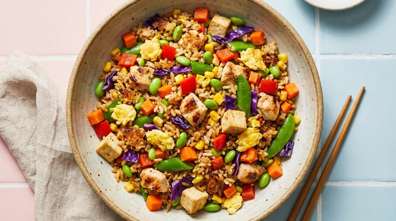 Top-down hero shot of high-protein fried rice in a ceramic bowl featuring crispy rice, diced chicken, and vibrant peas.
