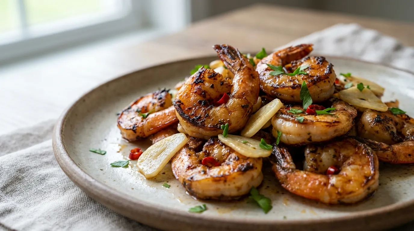 Close-up of seared lemon garlic shrimp with golden crust and fresh herbs in a carbon steel pan.