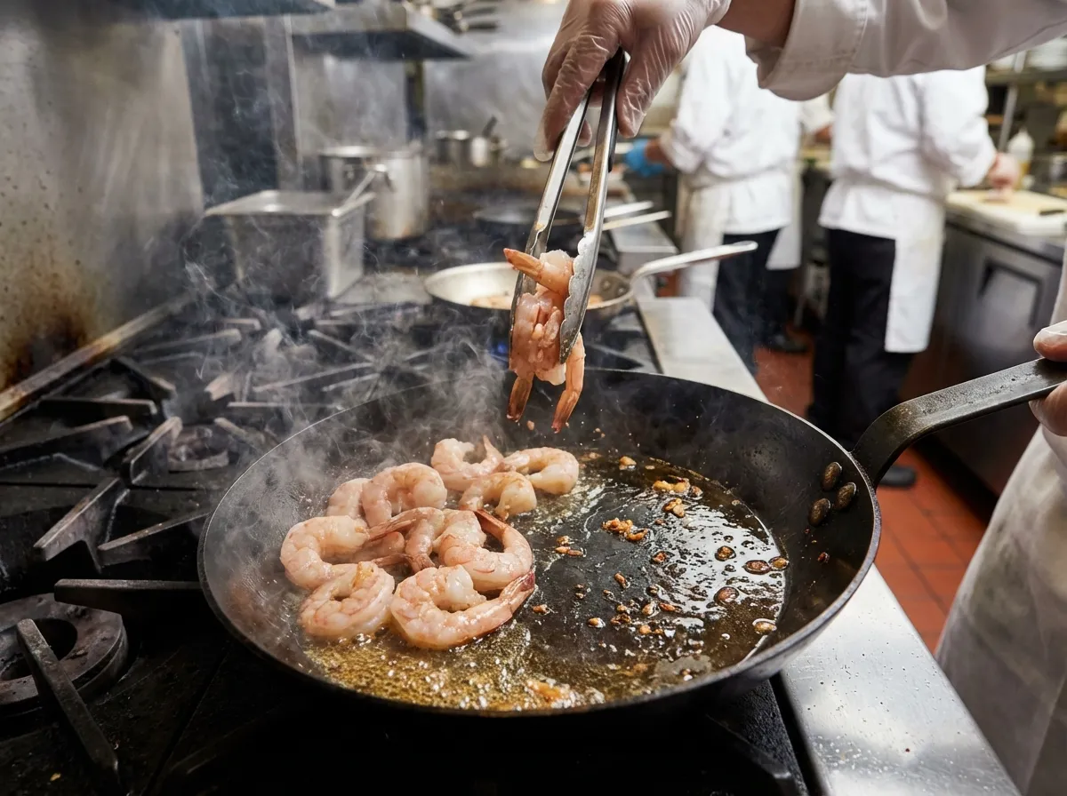 Raw shrimp searing in a hot carbon steel skillet with visible steam and oil shimmer.