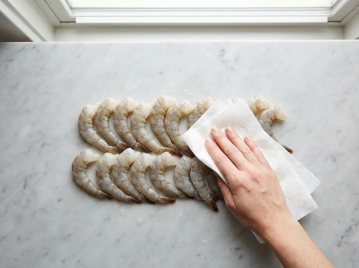 Hands pressing paper towels onto raw shrimp to remove surface moisture.