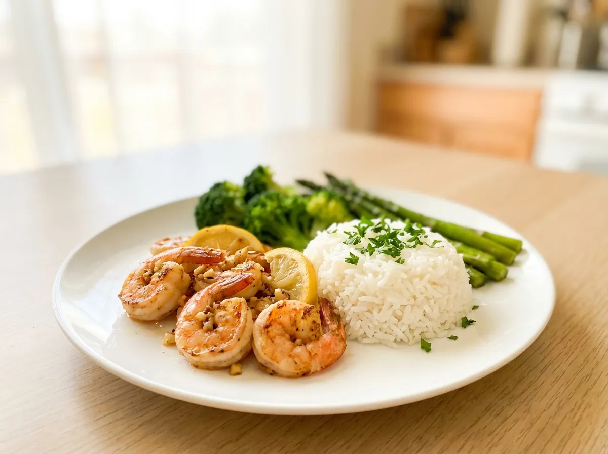 Plated lemon garlic shrimp served next to a fresh lemon wedge and a small bowl of steamed rice.