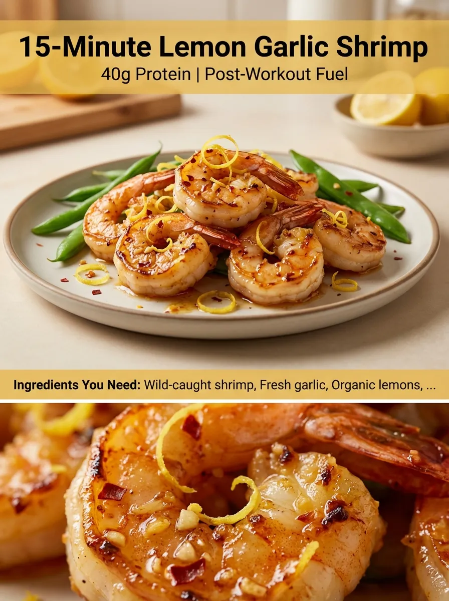 Pinterest pin for 15-Minute Lemon Garlic Shrimp Stir-Fry with macro shots and protein callouts.