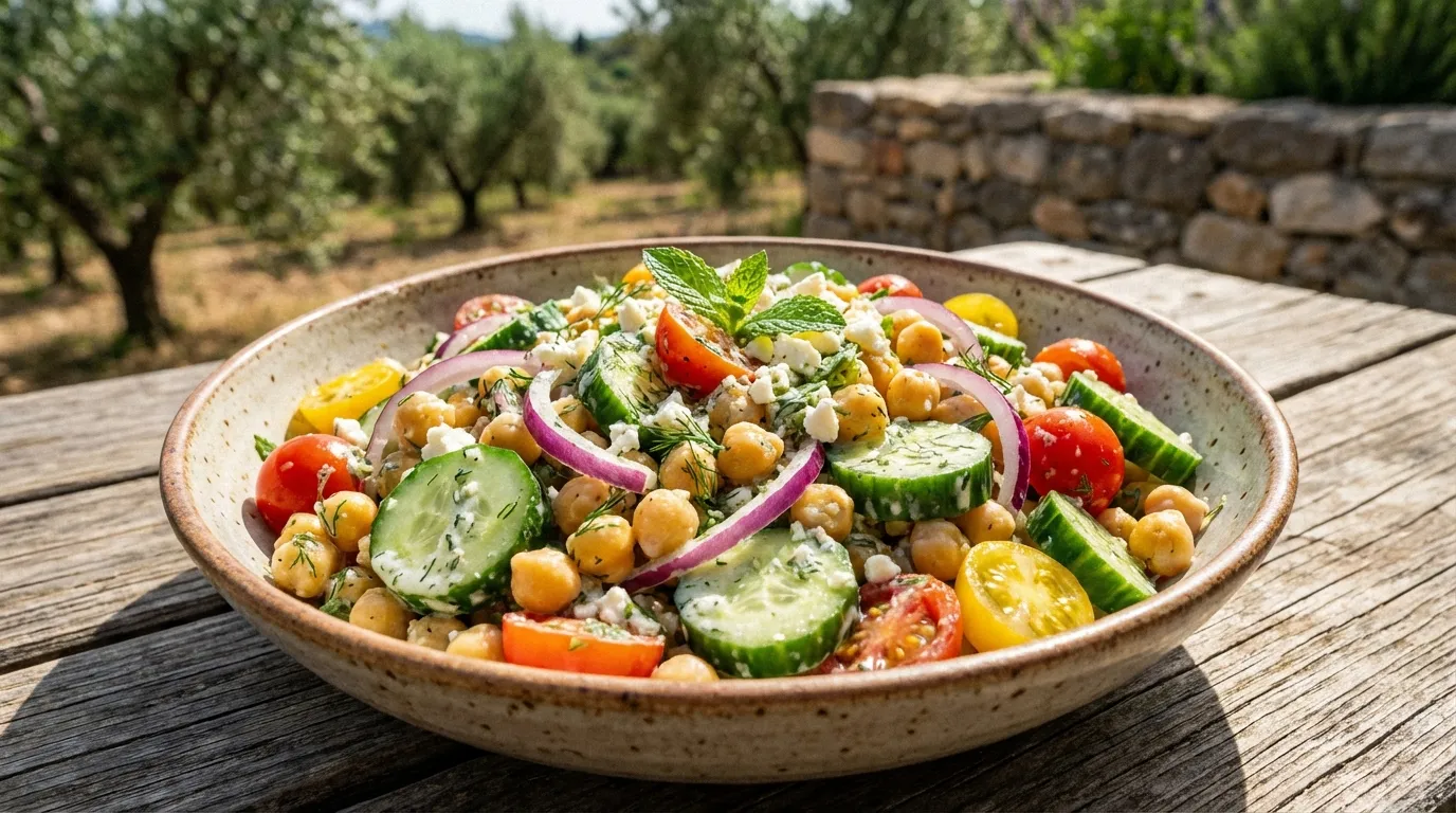 Close-up plated view of Mediterranean quinoa and chickpea salad with feta and hemp hearts