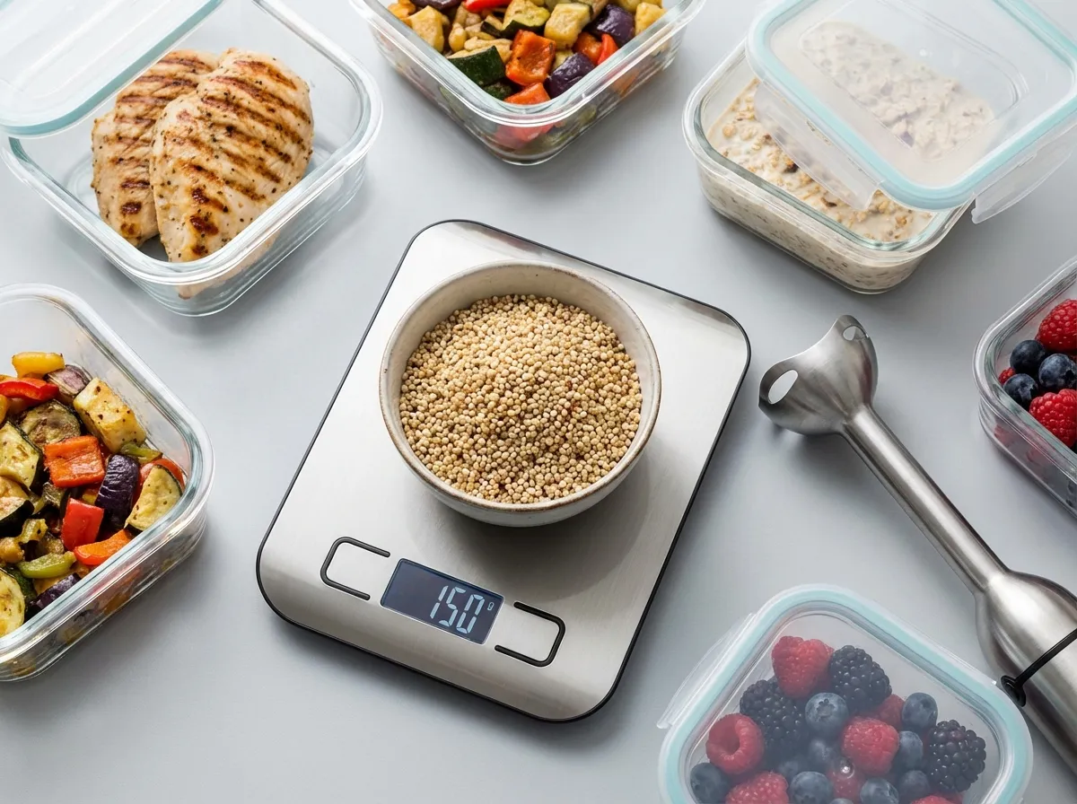 Digital food scale, glass meal prep containers, and an immersion blender on a clean kitchen counter