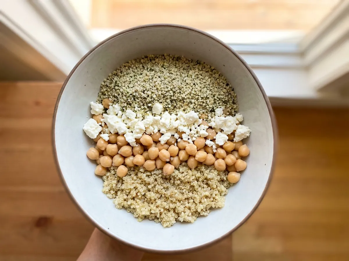 Top-down view of a Mediterranean salad showing layers of quinoa, chickpeas, and hemp hearts