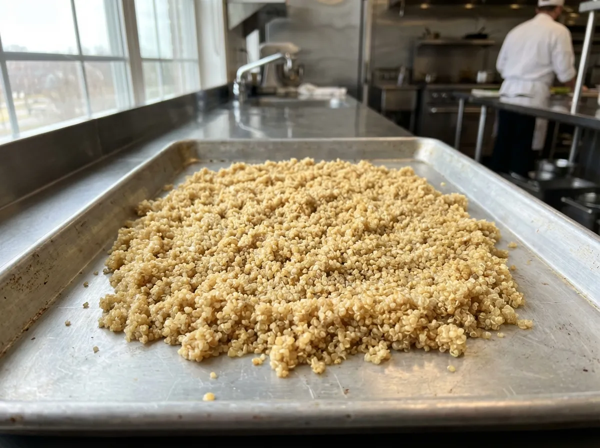Cooked quinoa spread out thin on a silver baking sheet to cool quickly