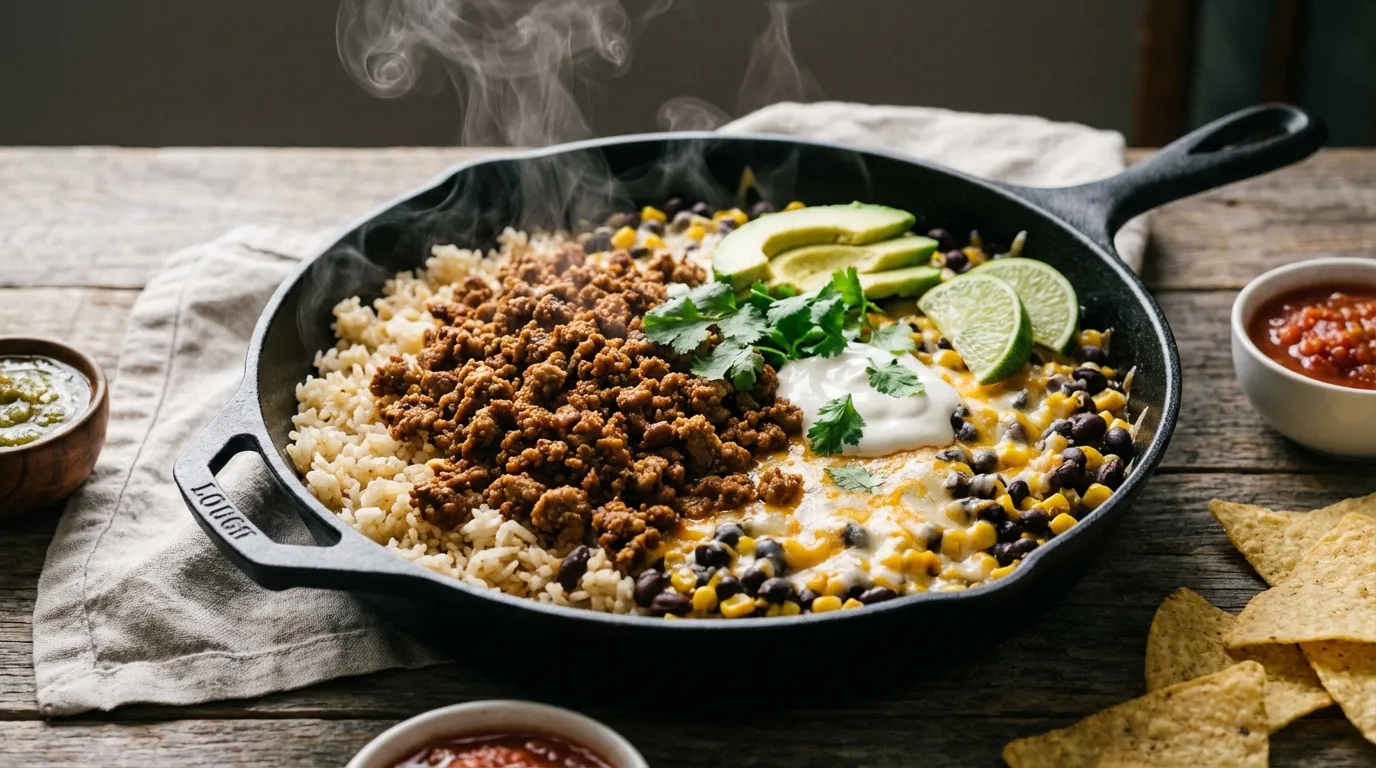 Close-up plated view of a turkey taco rice skillet featuring seared ground turkey, fluffy jasmine rice, and black beans.