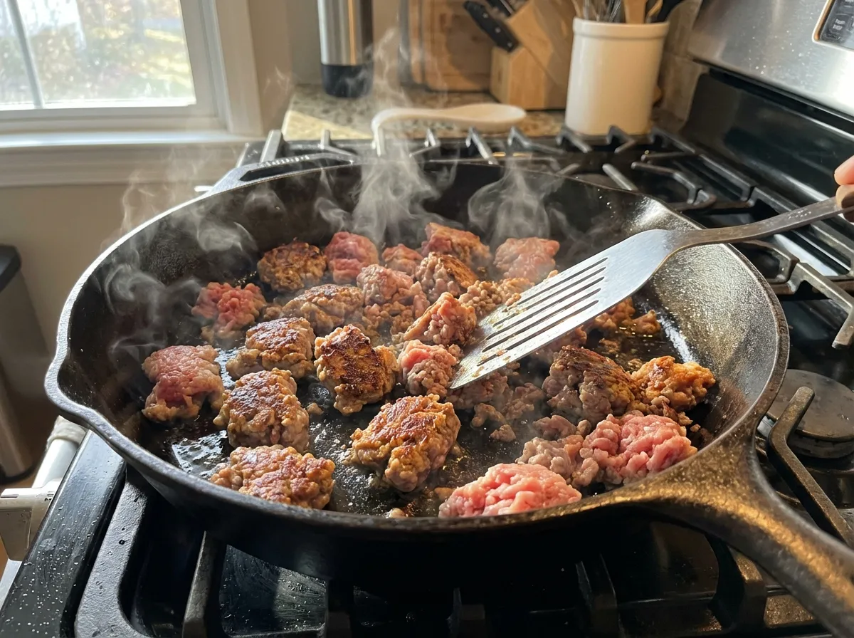 Ground turkey searing in a hot cast iron skillet to achieve the Maillard reaction.