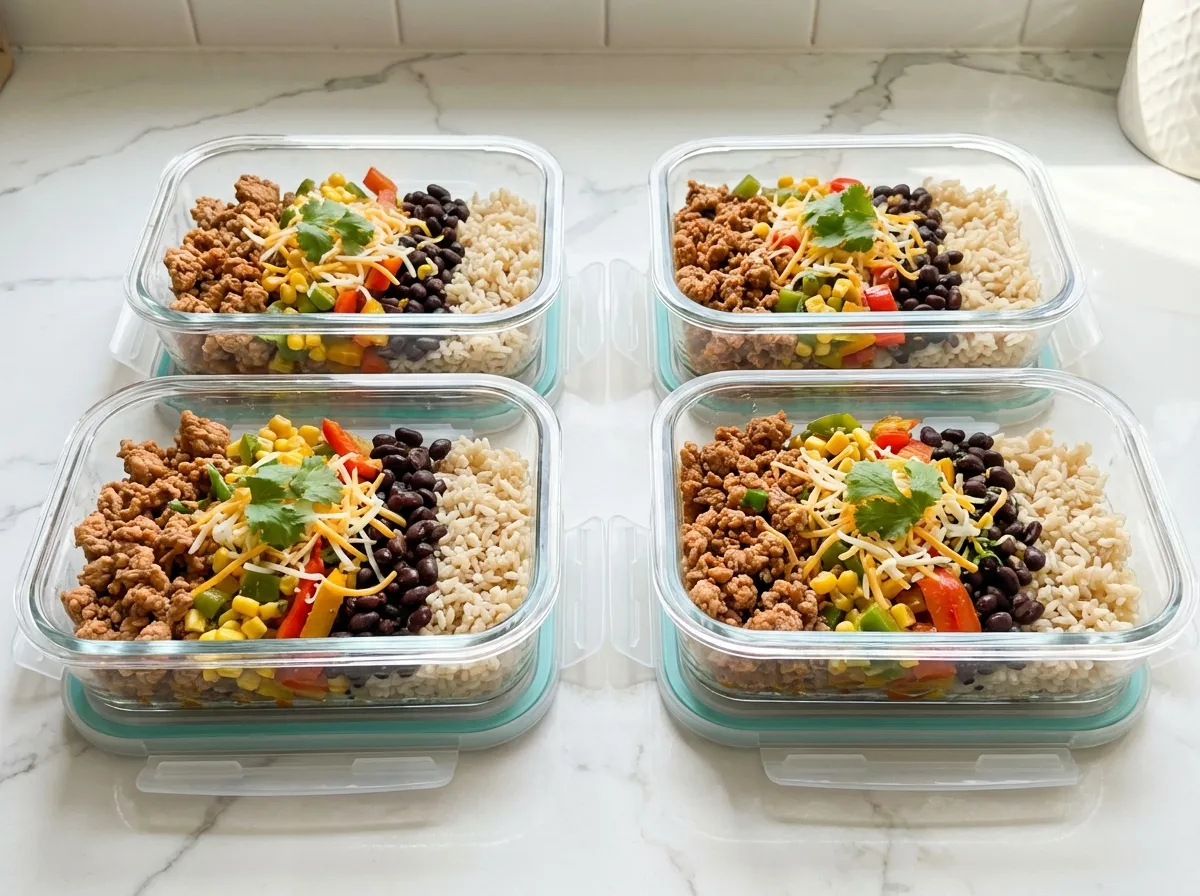 Four glass meal prep containers filled with turkey taco rice and garnished with lime.