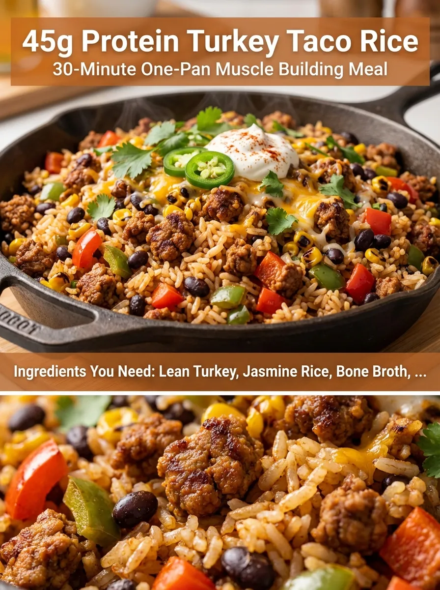 Vertical Pinterest pin for One-Pan Turkey Taco Rice Skillet with macro details and headline.
