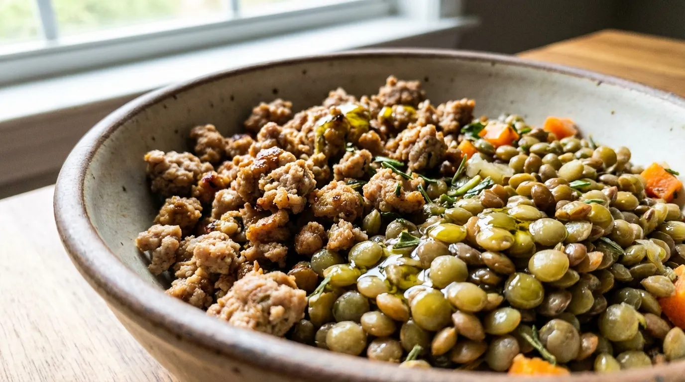 A mouthwatering close-up of a ground turkey and lentil protein bowl with seared meat textures and fresh herbs.
