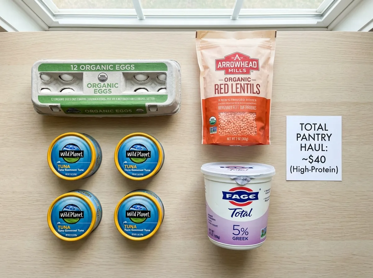 A structured flat lay of budget protein staples including eggs, tuna cans, and bags of dry lentils.