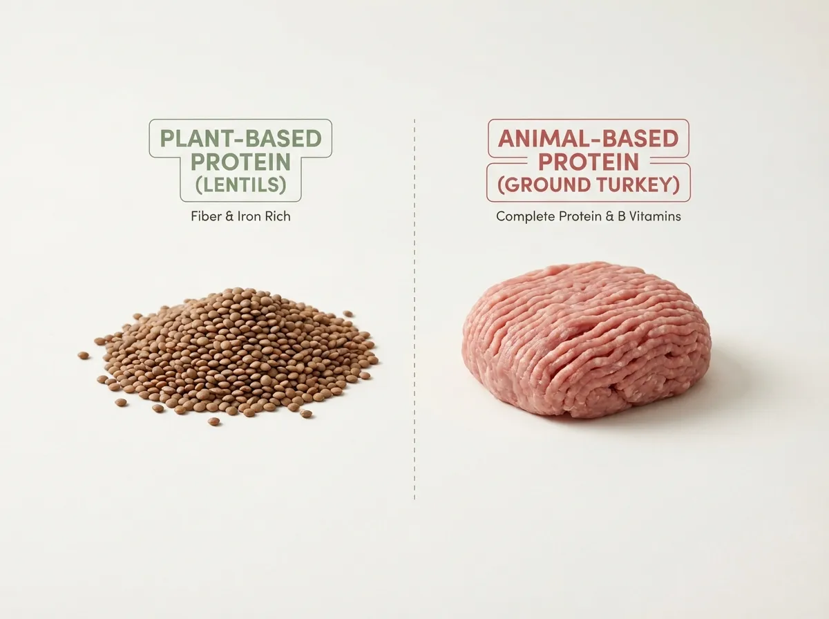 Visual comparison of dry lentils versus ground turkey to illustrate the Protein-per-Dollar Index.