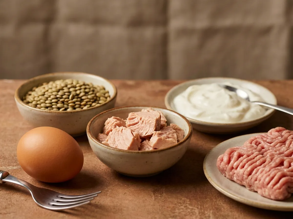 Close-up of the five essential budget proteins: eggs, tuna, lentils, yogurt, and ground turkey.