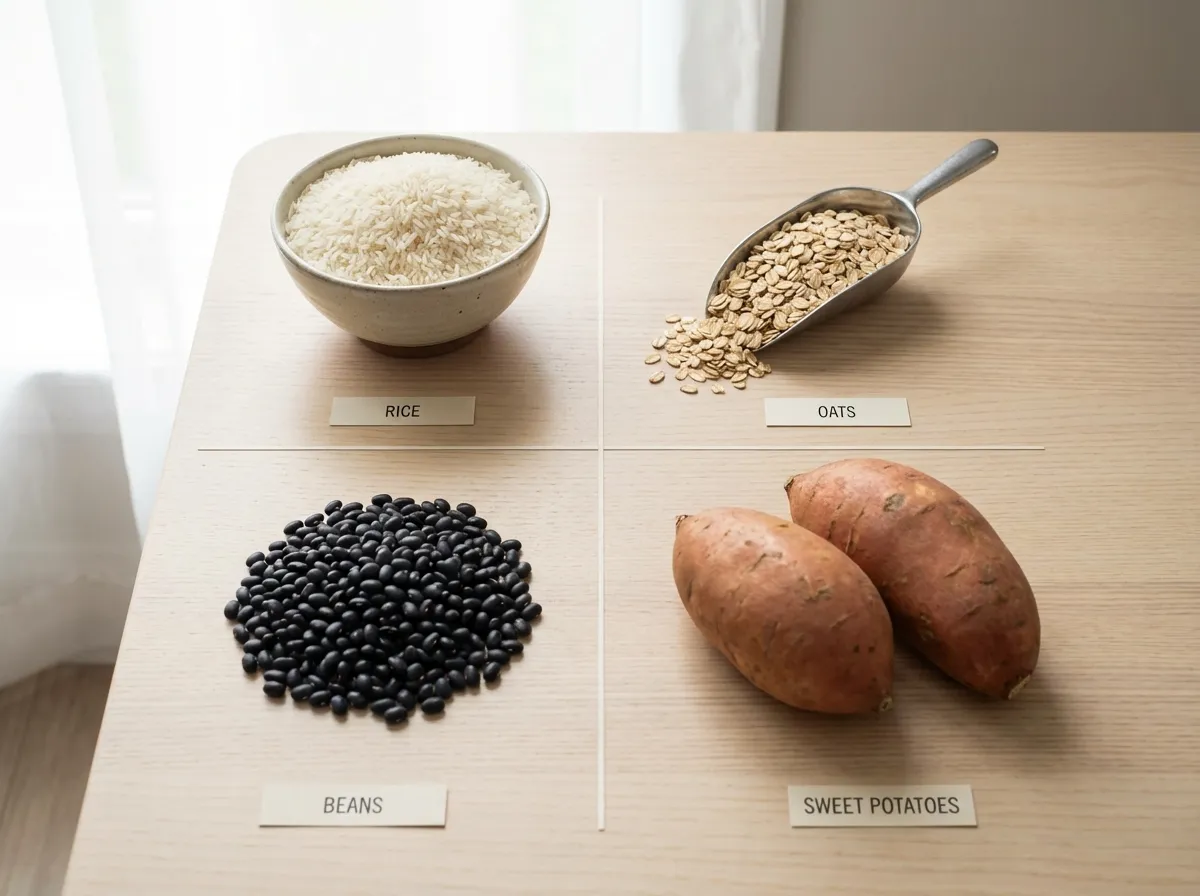 A layout of jasmine rice, oats, black beans, and sweet potatoes on a kitchen counter.