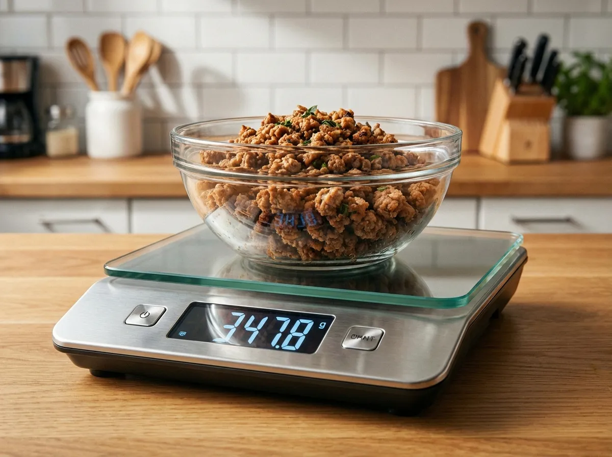A digital food scale weighing a portion of ground turkey to prevent portion creep.
