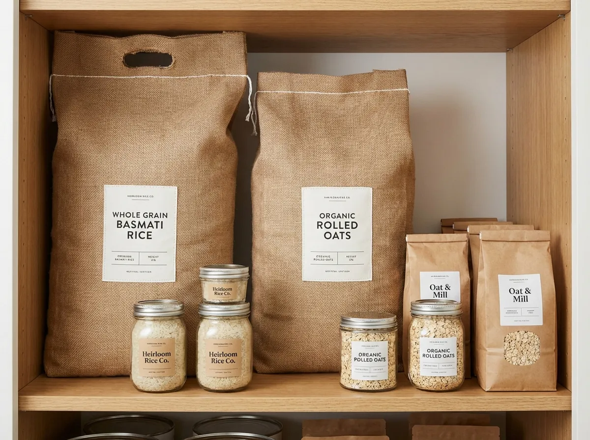 Large bulk bags of rice and oats stored in a clean, organized pantry.