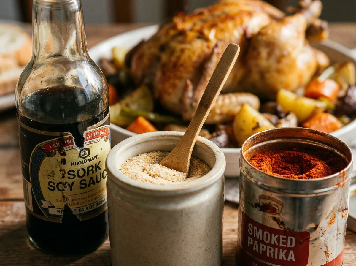 Soy sauce, garlic powder, and smoked paprika arranged on a counter near a prepared meal.