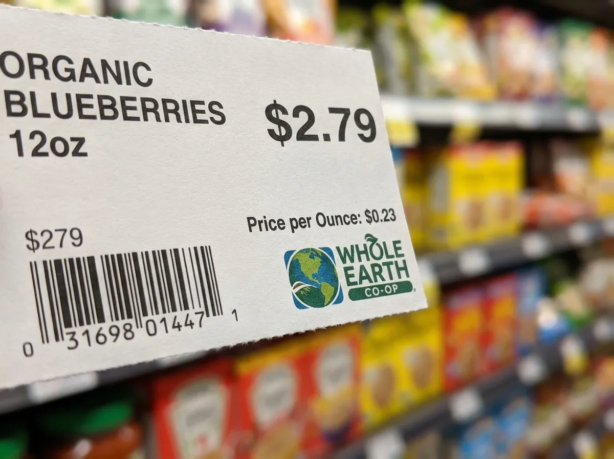 A close-up of a grocery store shelf tag highlighting the price per ounce.