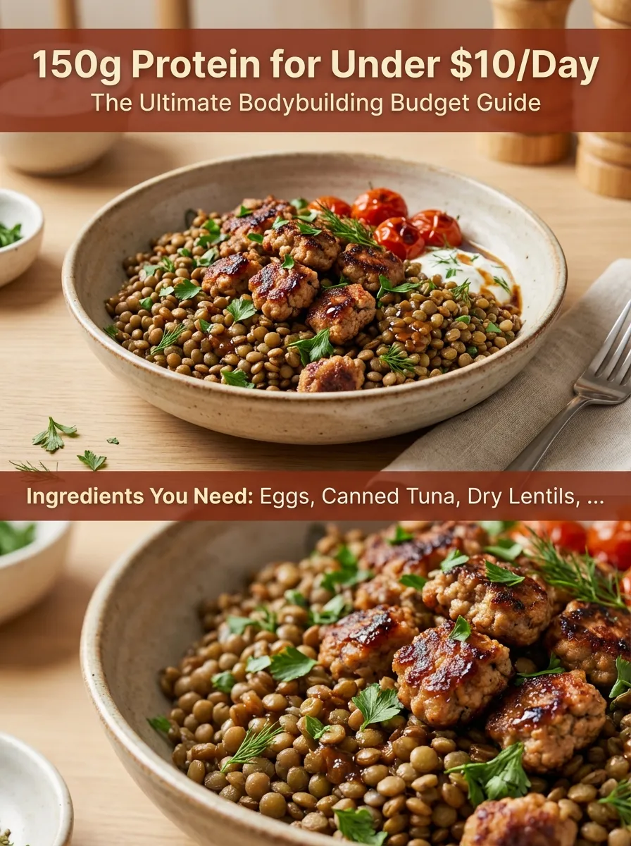 Pinterest pin for Bodybuilding on a Budget guide featuring a protein bowl and the Big 5 ingredients.