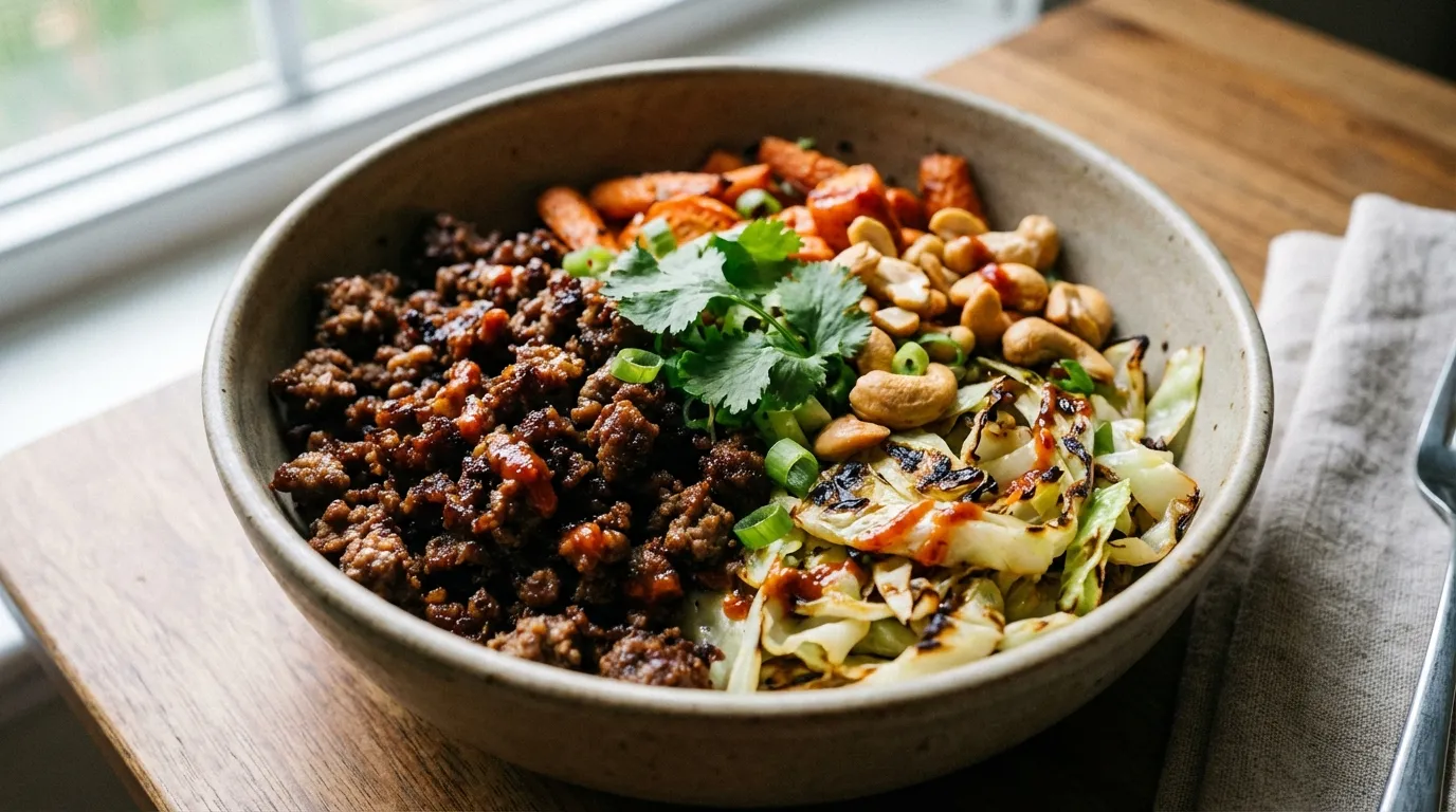 Macro photography of a lean ground beef and cabbage power bowl showing browned beef crumbles and vibrant green cabbage ribbons.