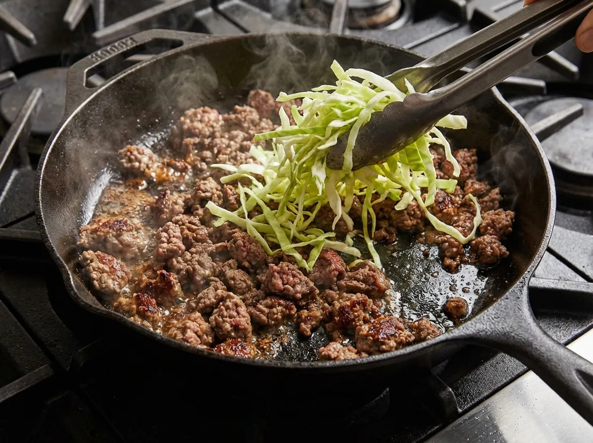 Lean ground beef searing in a hot cast iron skillet with shredded cabbage being folded in.