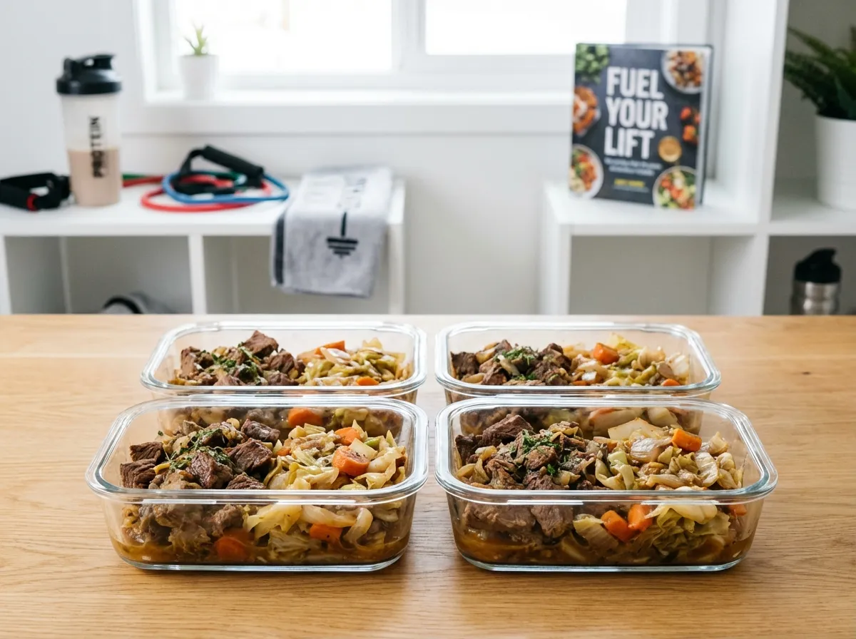 Four glass meal prep containers filled with ground beef and cabbage power bowls arranged in a row.
