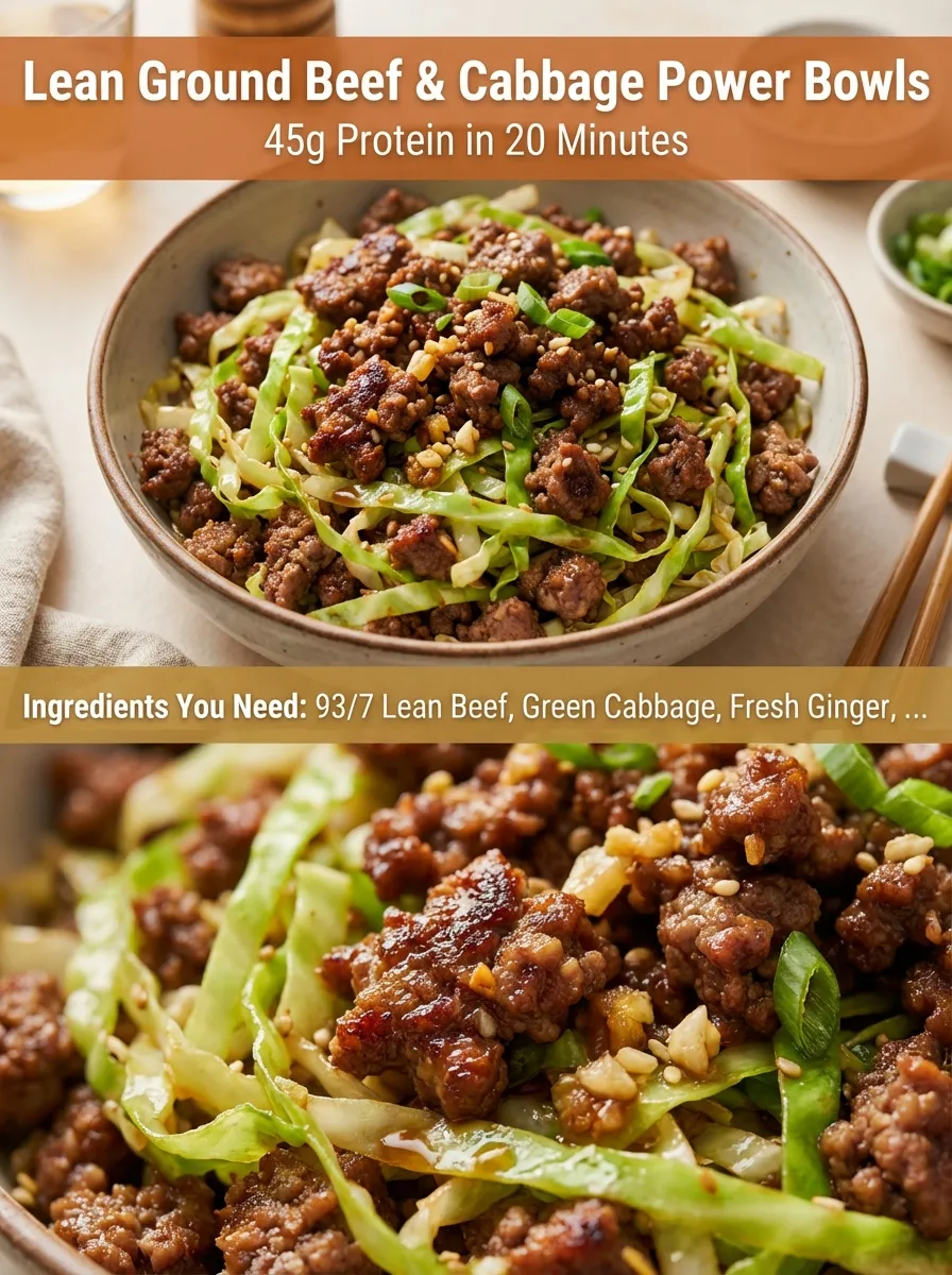 Pinterest social pin for Lean Ground Beef & Cabbage Power Bowls with macro details and ingredient list.