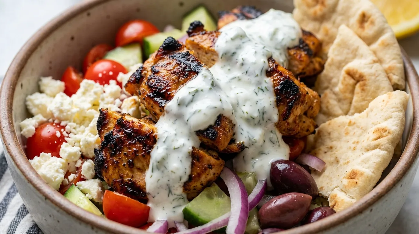 Close-up macro shot of seared Greek chicken cubes with creamy tzatziki and feta on a whole-wheat pita.