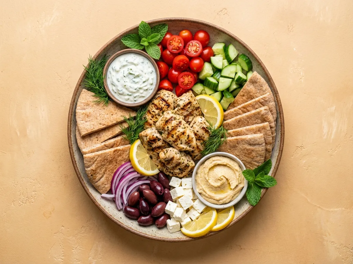 Overhead view of a plated Mediterranean chicken bowl showing high-protein ingredients for muscle recovery.