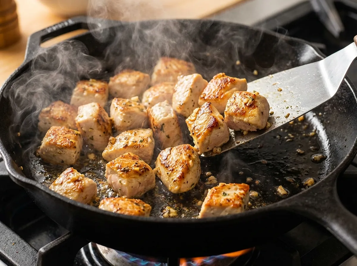 Diced chicken breast searing in a hot cast-iron skillet to achieve a golden-brown crust.